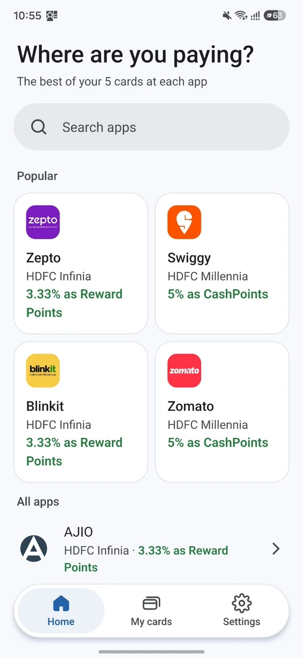 Pickkard home screen showing card suggestions for shopping apps