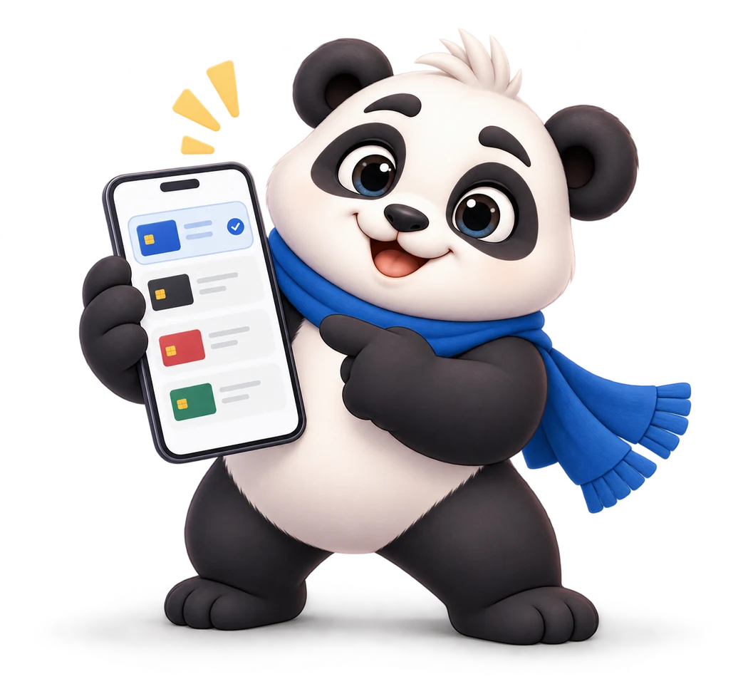 Pickkard’s blue-scarf panda proudly showing a card suggestion